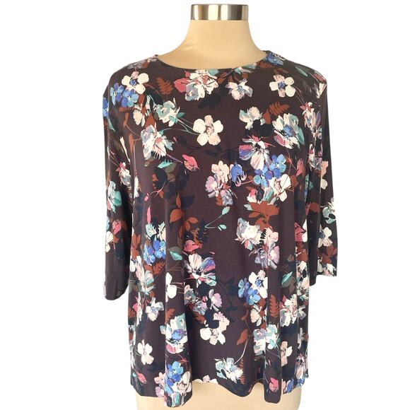 J. Jill Wearever Brown Blue Floral 3/4 Sleeve Tee Sz XLp Casual Office Work Wear - Picture 2 of 9